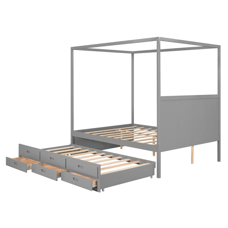 Queen Size Canopy Platform Bed With Twin Size Trundle And Three Storage Drawers, Gray
