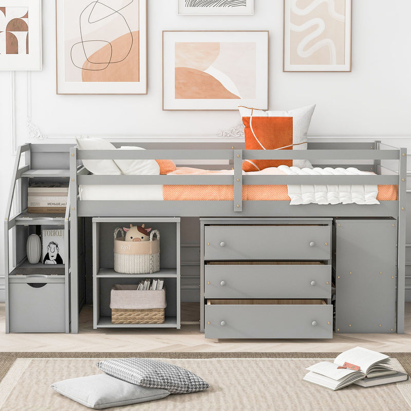 Twin Size Loft Bed With Retractable Writing Desk And 3 Drawers, Wooden Loft Bed With Storage Stairs And Shelves, Gray