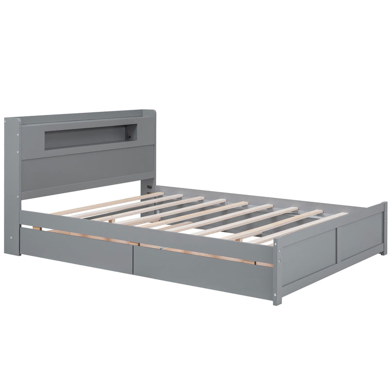 Queen Size Wood Storage Platform Bed With Led, 2 Drawers And 1 Twin Size Trundle, Gray