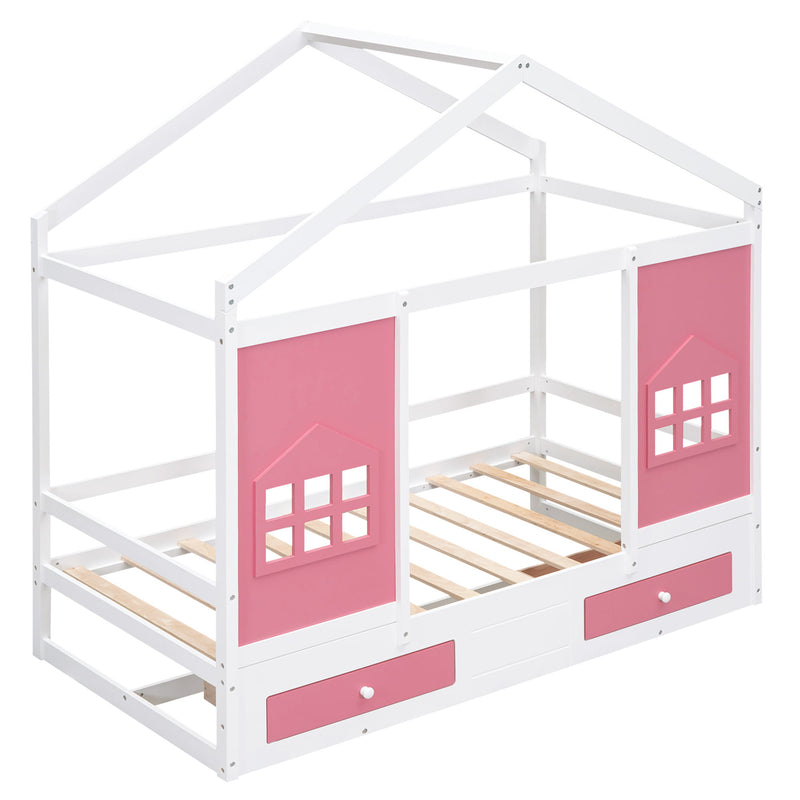 Twin Size Wood House Bed With 2 Drawers And Window Decoration, White / Pink