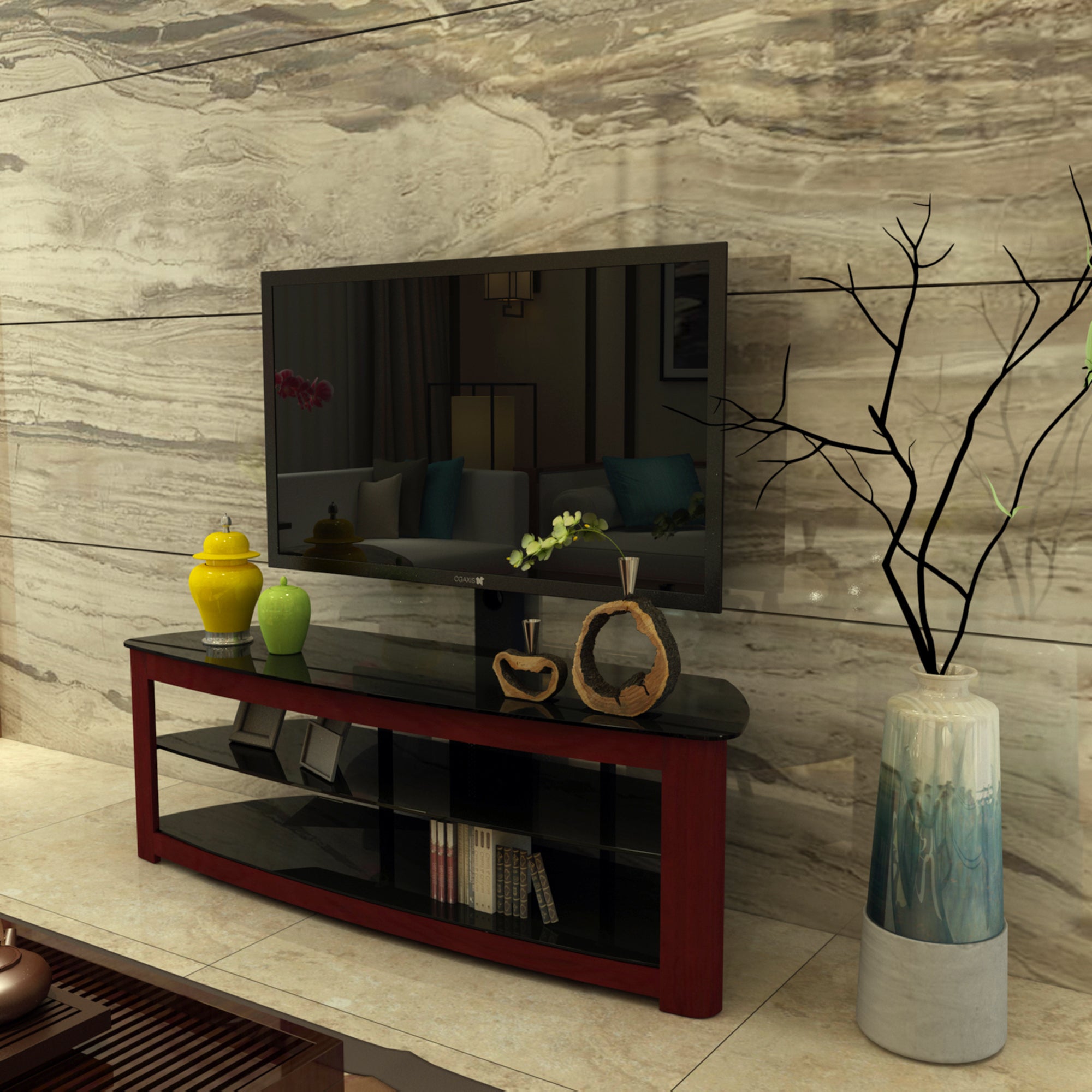 Walnut TV Stand with 2 Tier Storage Space Fits TV Up To 65 in - Atlantic Fine Furniture Inc