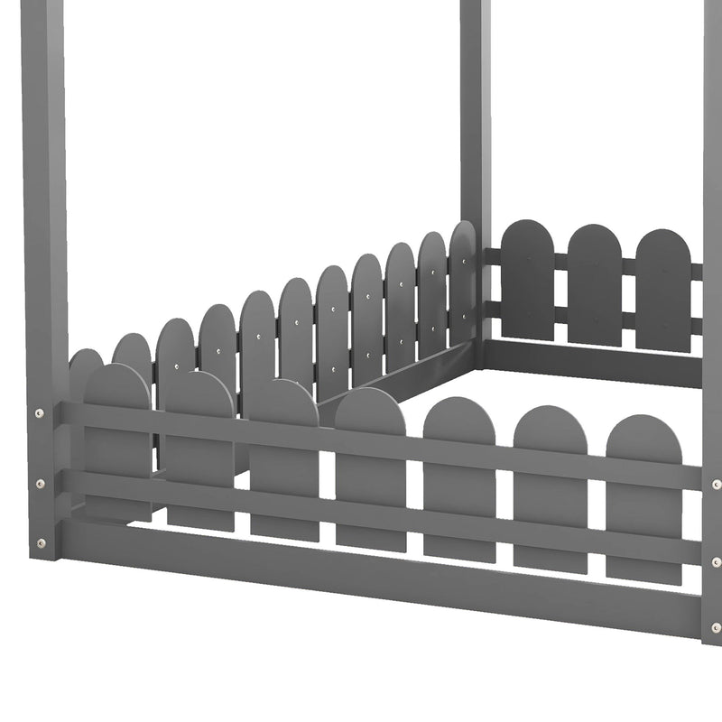 (Slats Are Not Included)Full Size Wood Bed House Bed Frame With Fence, For Kids, Teens, Girls, Boys (Gray )