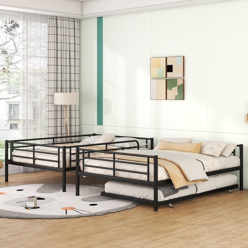 Full Over Full Metal Bunk Bed With Trundle, Black