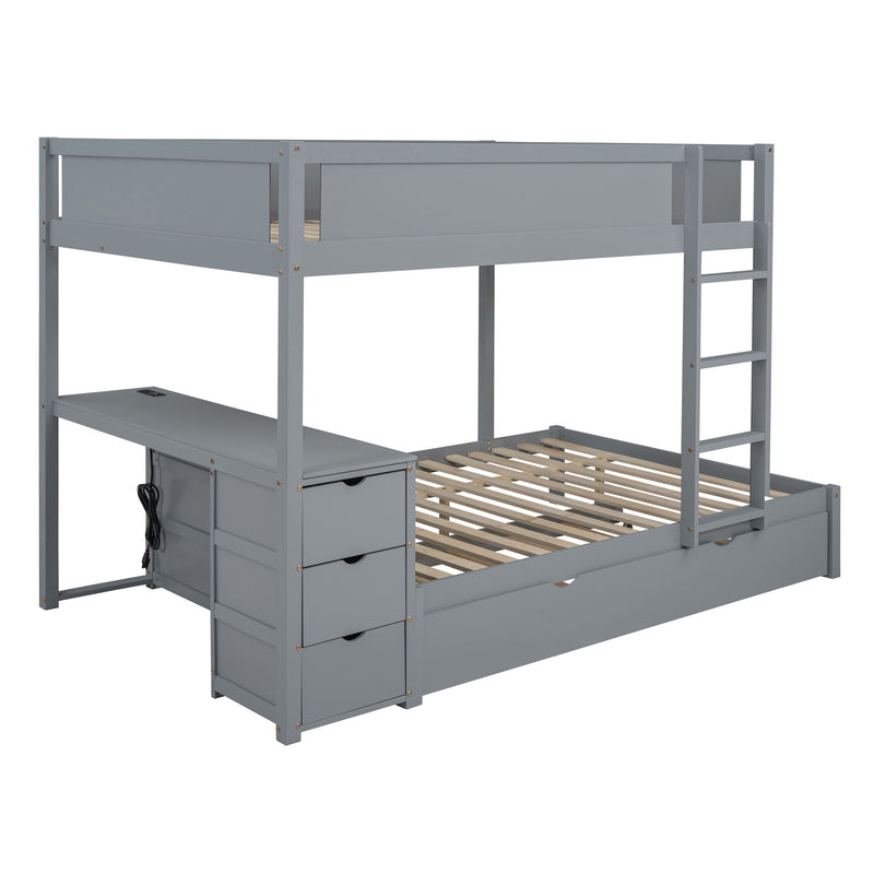 Full-Over-Full Bunk Bed With Twin Size Trundle, Storage And Desk, Gray