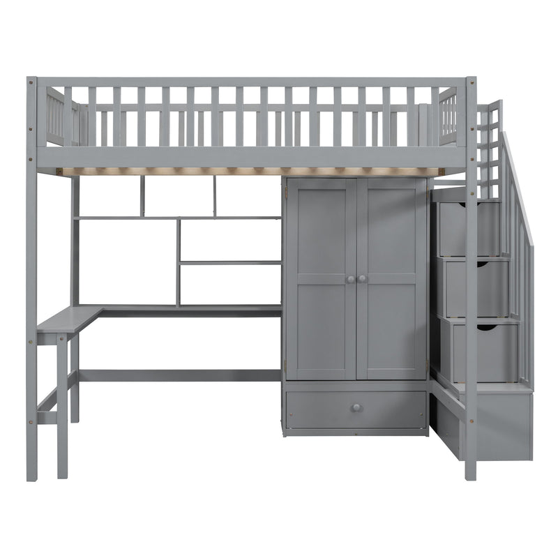 Full Size Loft Bed With Bookshelf, Drawers, Desk, And Wardrobe, Gray