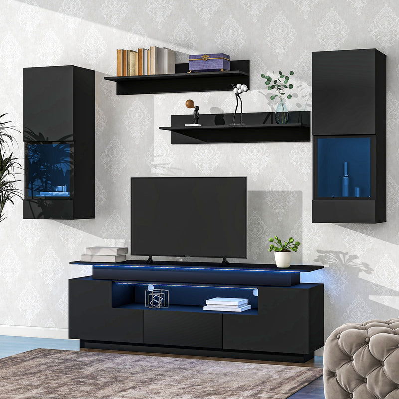 On-Trend Stylish Functional TV Stand, 5 Pieces Floating TV Stand Set, High Gloss Wall Mounted Entertainment Center With 16 - Color LED Light Strips For 75/" TV, Black