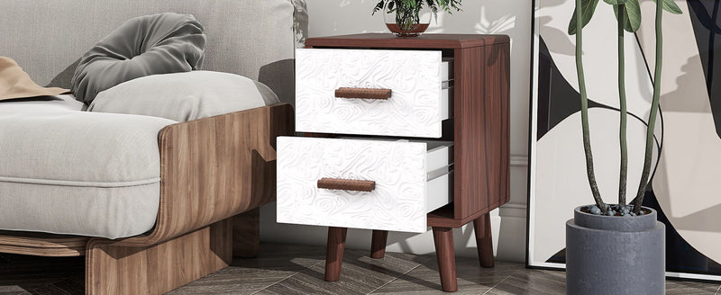 U-Can Square End Table Side Table With 2 Drawers Adorned With Embossed Patterns For Living Room, Hallway, Brown / White