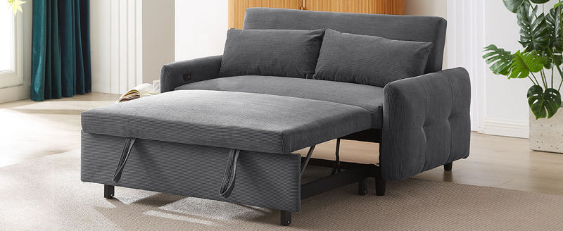 Pull - Out Sofa Bed Convertible Couch 2 Seat Loveseat Sofa Modern Sleeper Sofa With Two Throw Pillows And USB Ports For Living Room, Dark Grey