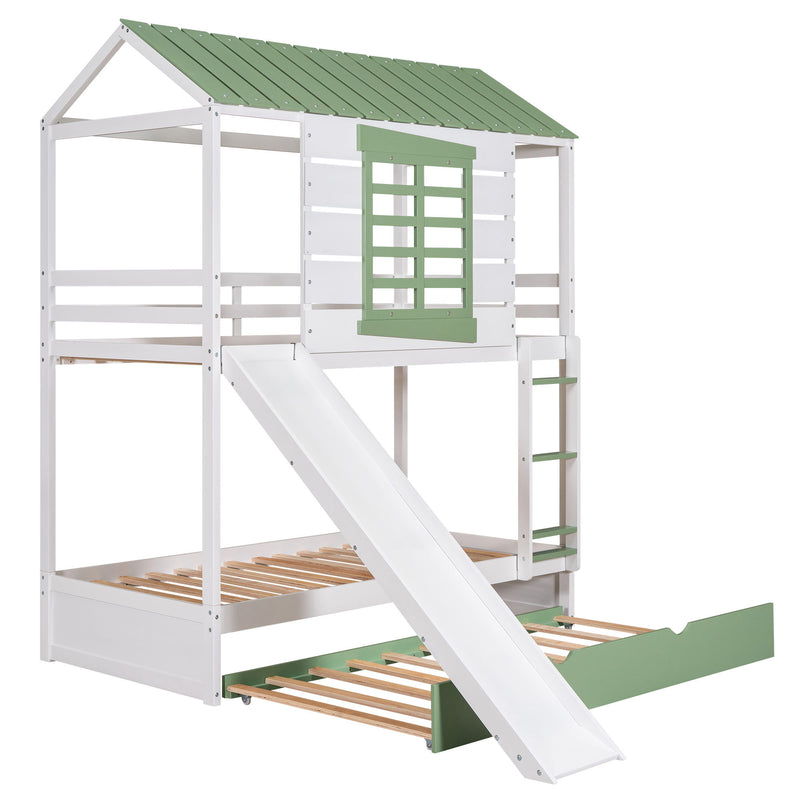 Twin Over Twin Size House Bunk Bed With Convertible Slide And Trundle, White / Green
