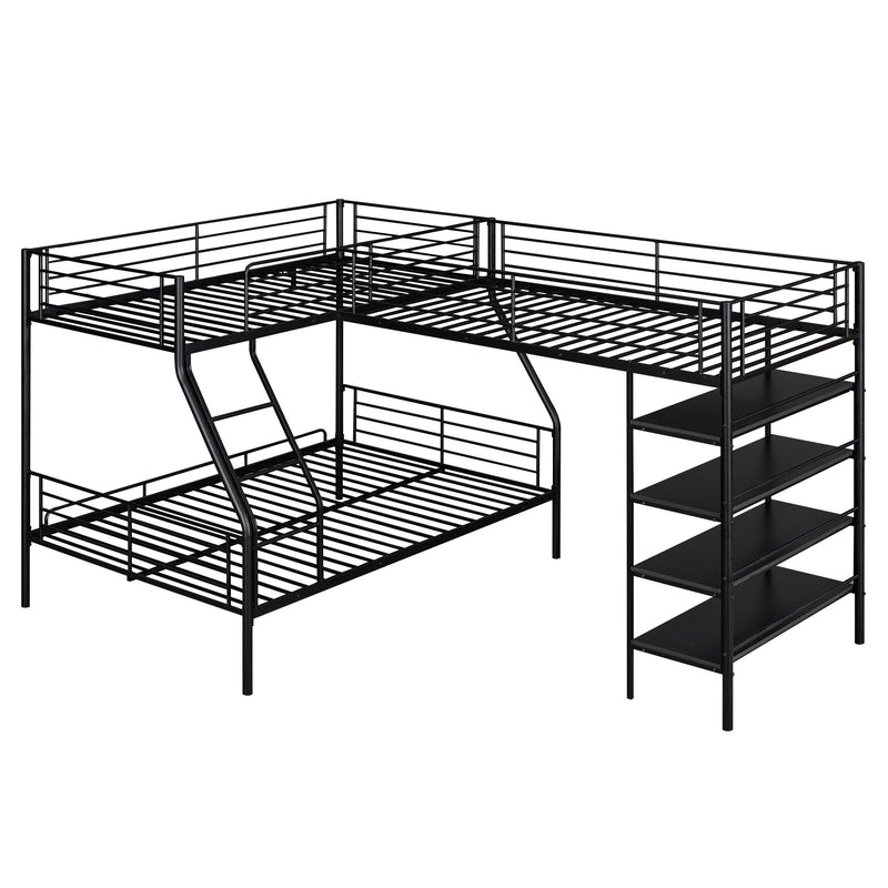L-Shaped Metal Twin Over Full Bunk Bed And Twin Size Loft Bed With Four Built-In Shelves, Black