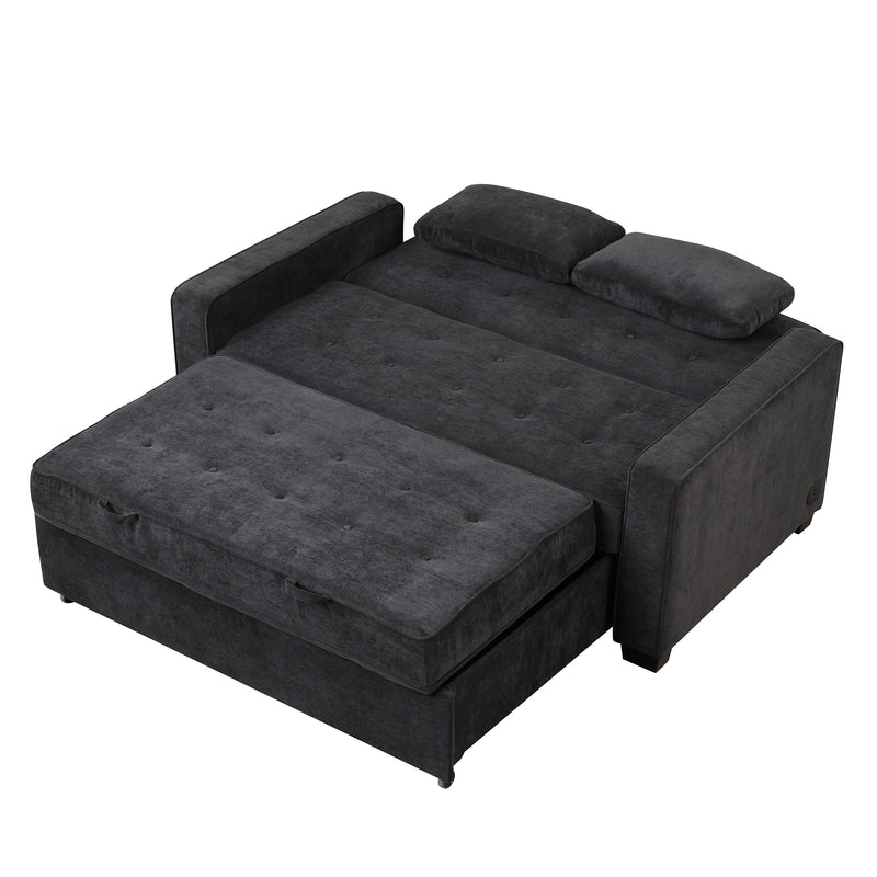 Linen Upholstered Sleeper Bed , Pull Out Sofa Bed Couch attached two throw pillows,Dual USB Charging Port and Adjustable Backrest for Living Room Space，Black