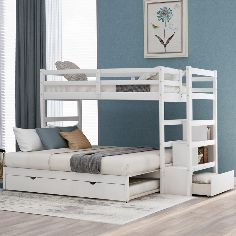 Twin Over Twin / King (Irregular King Size) Bunk Bed With Twin Size Trundle, Extendable Bunk Bed (White)