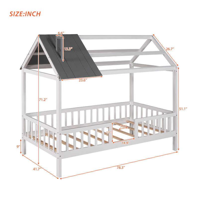 Twin Size Wood House Bed With Fence, White / Gray