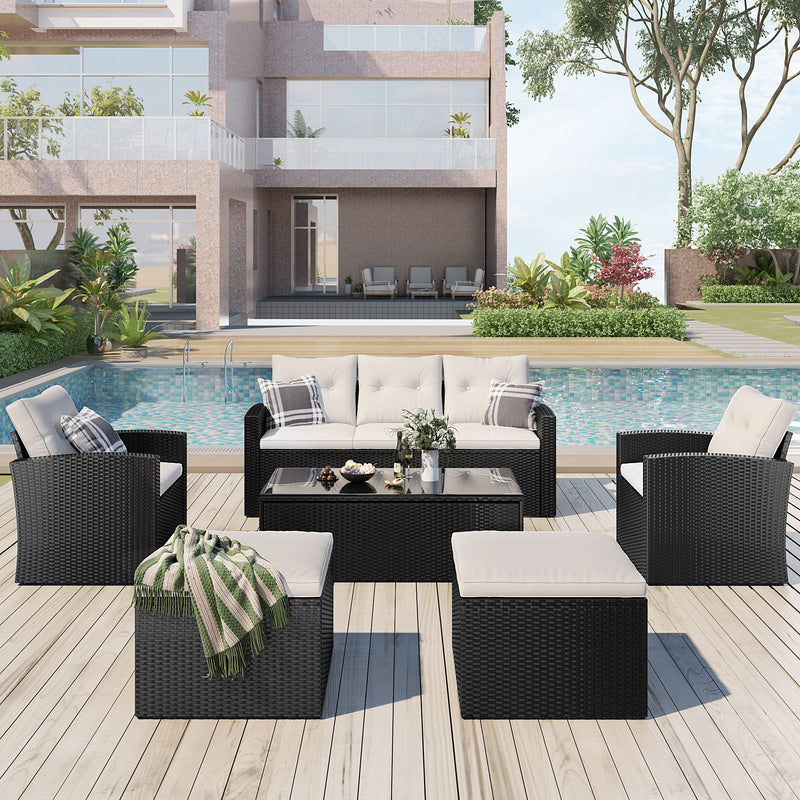 Go 6 Piece All Weather Wicker Pe Rattan Patio Outdoor Dining Conversation Sectional Set With Coffee Table, Wicker Sofas, Ottomans, Removable Cushions (Black Wicker, Beige Cushion)