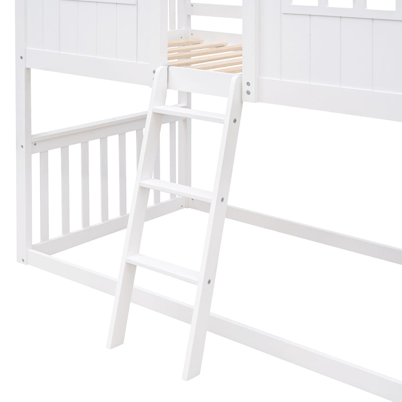 Twin Over Twin House Bunk Bed With Ladder, Wood Bed - White
