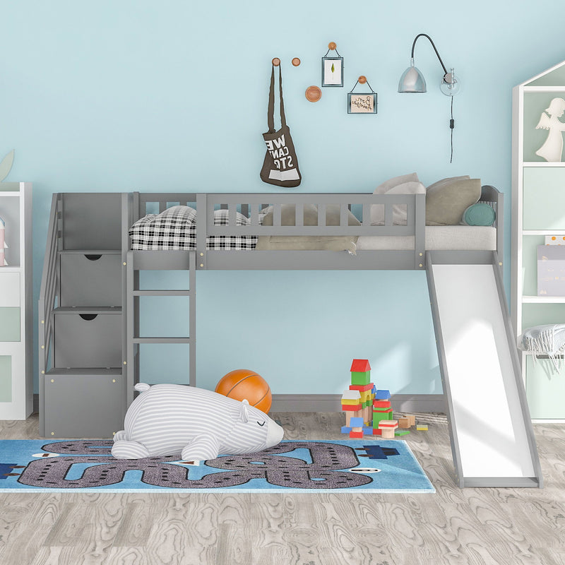Stairway Twin Size Loft Bed With Two Drawers And Slide - Gray