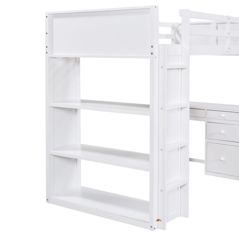 Twin Size Loft Bed With Ladder, Shelves, And Desk - White