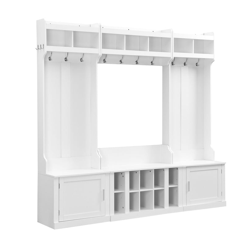 On Trend Wide Design Hall Tree With Storage And Bench, 4-In-1 Multi - Functional Entryway Bench With Coat Rack And Shoe Cubbies, Practical Furniture For Hallway, White