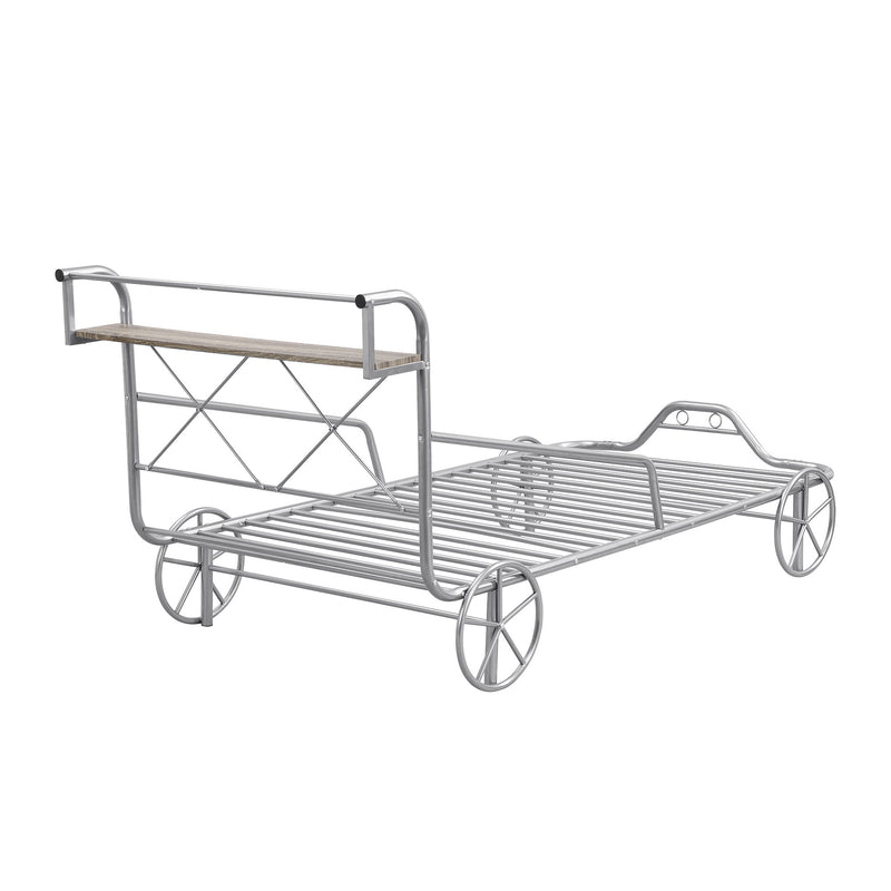 Twin Size Metal Car Bed With Four Wheels, Guardrails And X-Shaped Frame Shelf, Silver