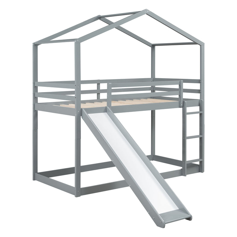Twin Over Twin Bunk Bed With Roof, Slide And Ladder, Gray