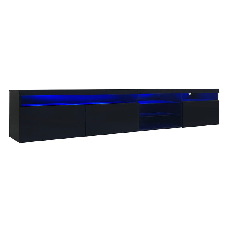 On-Trend Unique Design TV Stand With 2 Glass Shelves, Ample Storage Space Media Console For Tvs Up To 100", Versatile TV Cabinet With Led Color Changing Lights For Living Room, Black