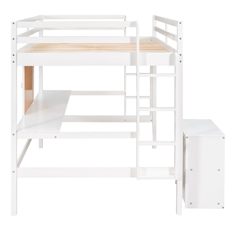 Twin Size Loft Bed With Desk And Writing Board, Wooden Loft Bed With Desk & 2 Drawers Cabinet - White