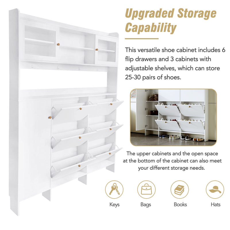 On-Trend Multifunctional Shoe Cabinet With Storage Shelf & 6 Flip Drawers, Modern Large Hall Tree With Tempered Glass Doors, Elegant Foyer Cabinet With 4 Hooks For Hallway, White