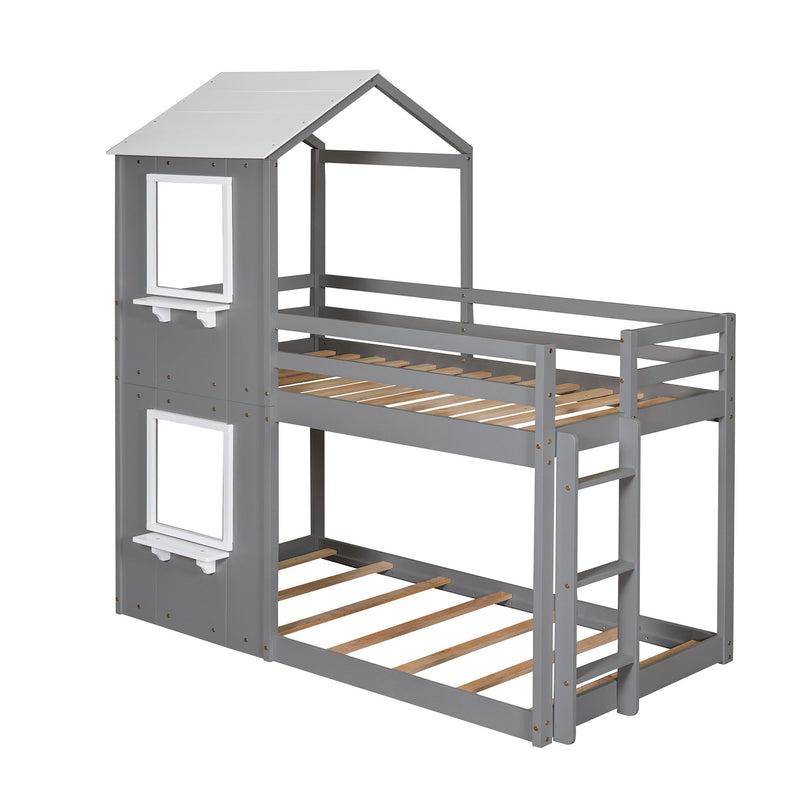 Twin Over Twin Bunk Bed Wood Bed With Roof, Window, Guardrail, Ladder (White) - Grey
