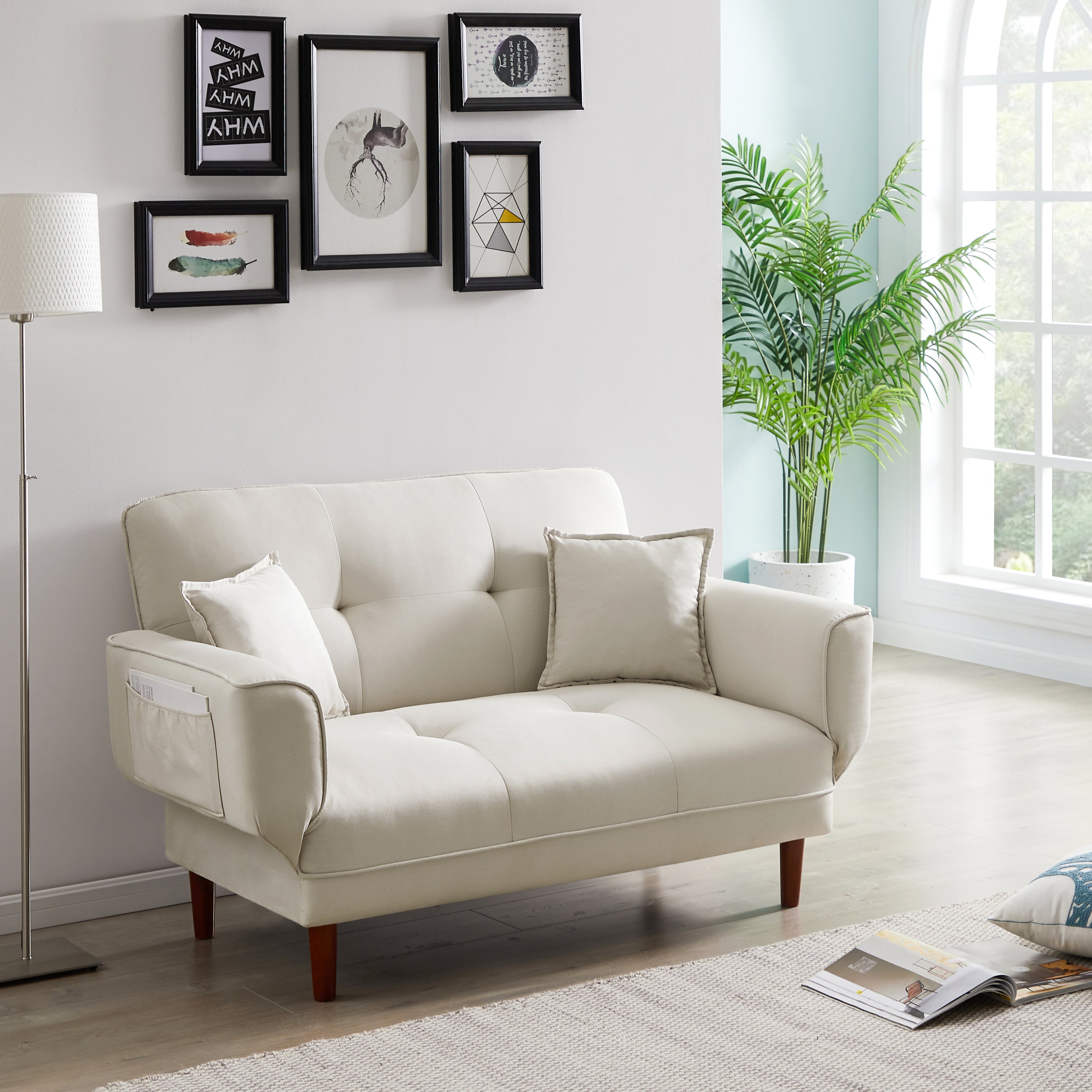 RELAX LOUNGE SOFA BED SLEEPER WITH 2 PILLOWS BEIGE FABRIC - Atlantic Fine Furniture Inc