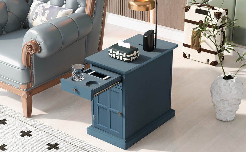 U-Can Classic Vintage Livingroom End Table Side Table With USB Ports And One Multifunctional Drawer With Cup Holders, Antique Navy