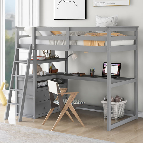 Twin Size Loft Bed With Desk And Shelves, Two Built-In Drawers - Gray