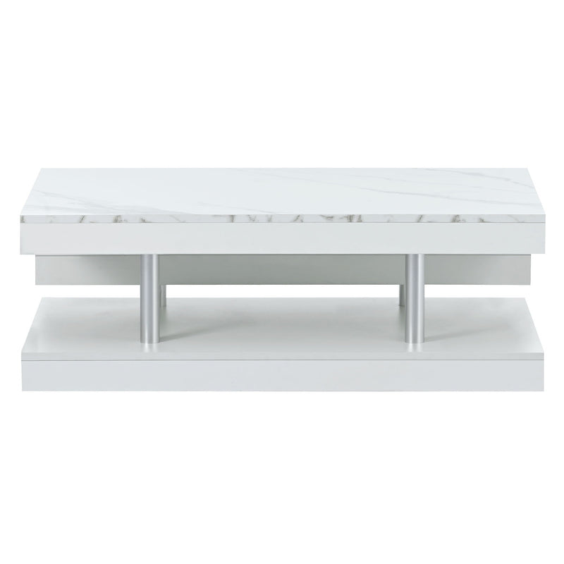 On-Trend Modern 2-Tier Coffee Table With Silver Metal Legs, Rectangle Cocktail Table With High-Gloss Uv Surface, Minimalist Design Center Table For Living Room, White