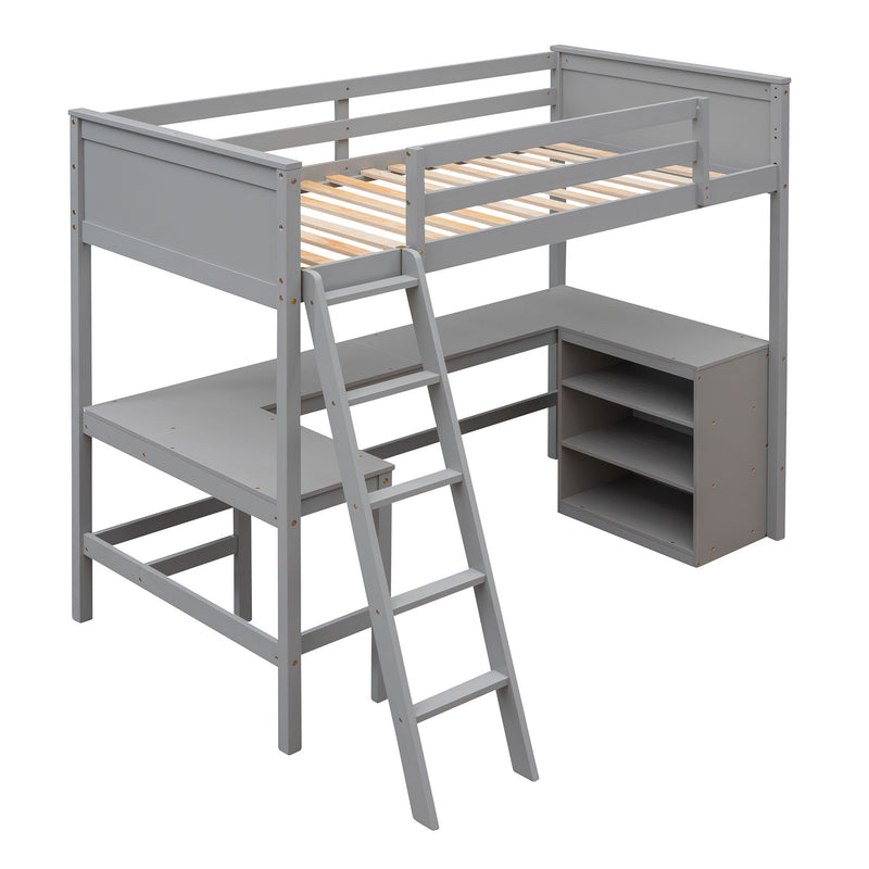 Twin Size Loft Bed With Shelves And Desk, Wooden Loft Bed With Desk - Gray