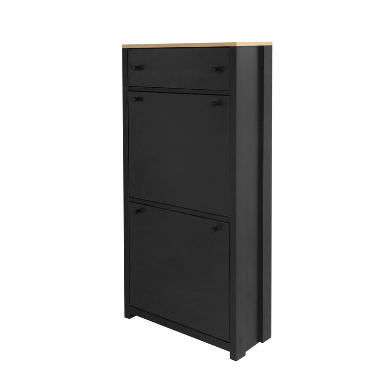 On-Trend Functional Entryway Organizer With 2 Flip Drawers, Wood Grain Pattern Top Shoe Cabinet With Drawer, Free Standing Shoe Rack With Adjustable Panel For Hallway, Black