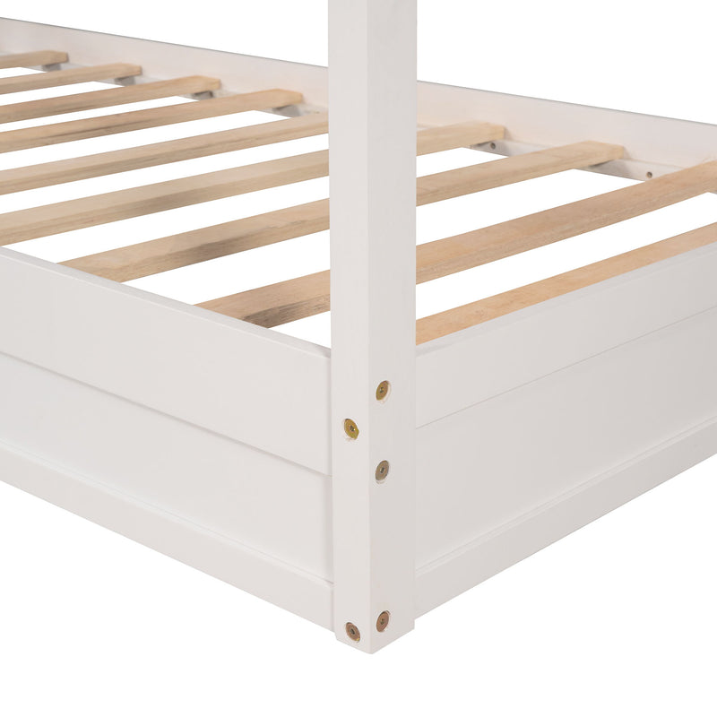 Wood House Bed Twin Size, 2 Twin Solid Bed L Structure With Fence And Slatted Frame White)