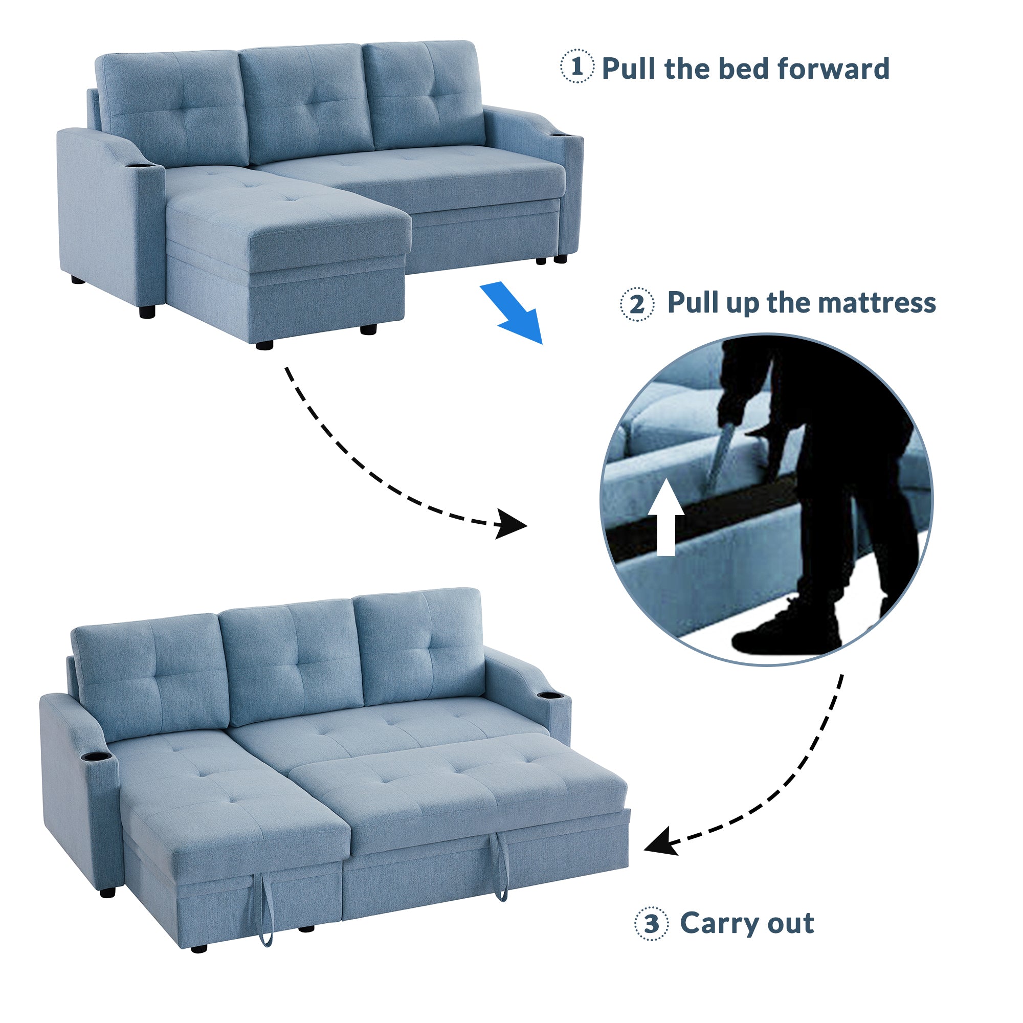 Orisfur. 81" Sleeper Sofa Bed Reversible Sectional Couch with Storage Chaise and Two Cup Holders for Living Room Furniture Set - Atlantic Fine Furniture Inc