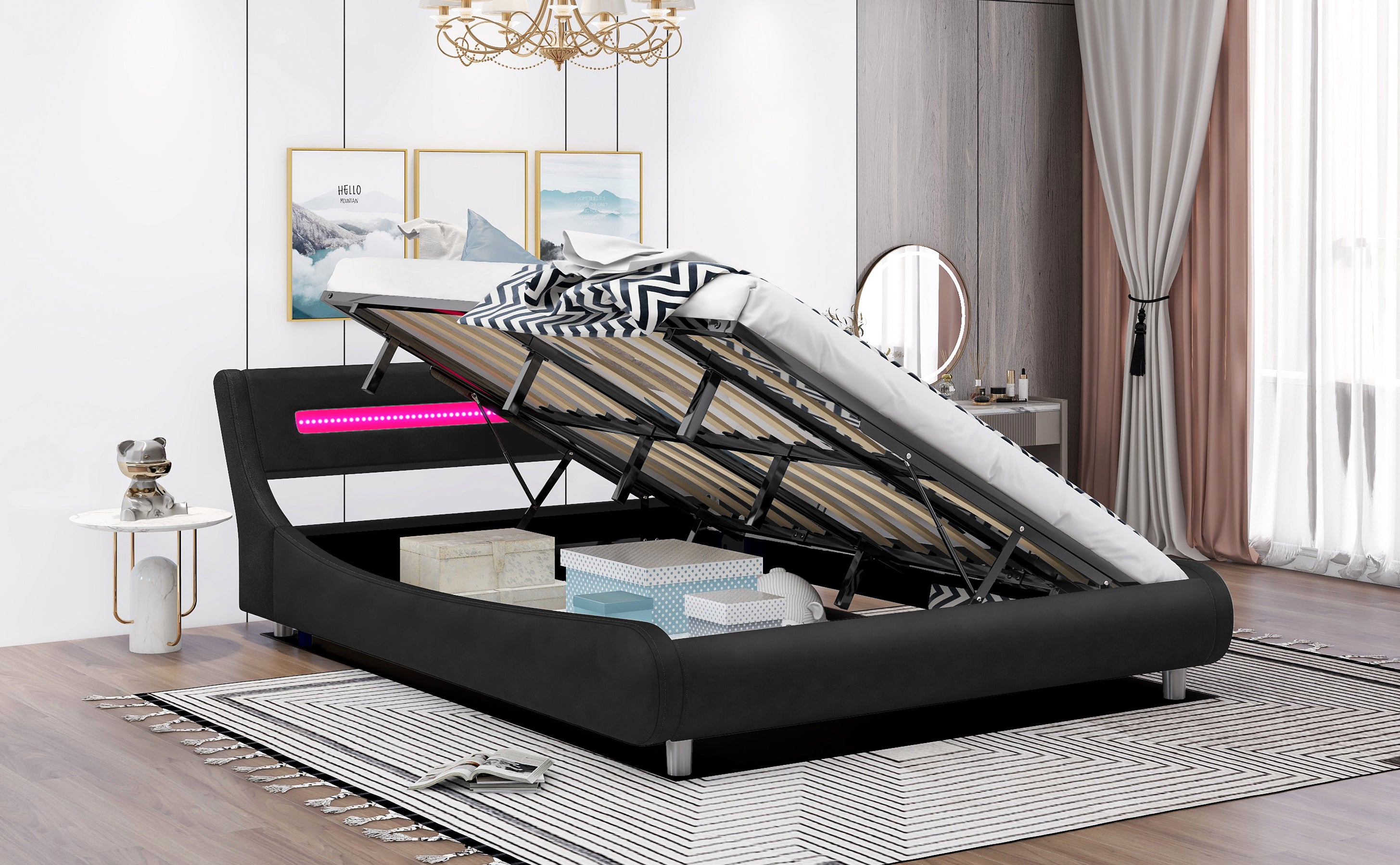 Queen Size Low Profile Upholstered Platform Bed with LED headboard,Black - Atlantic Fine Furniture Inc