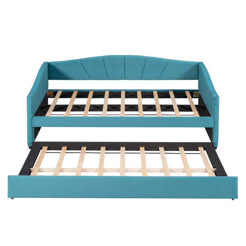 Upholstered Daybed Sofa Bed Twin Size With Trundle Bed And Wood Slat, Blue