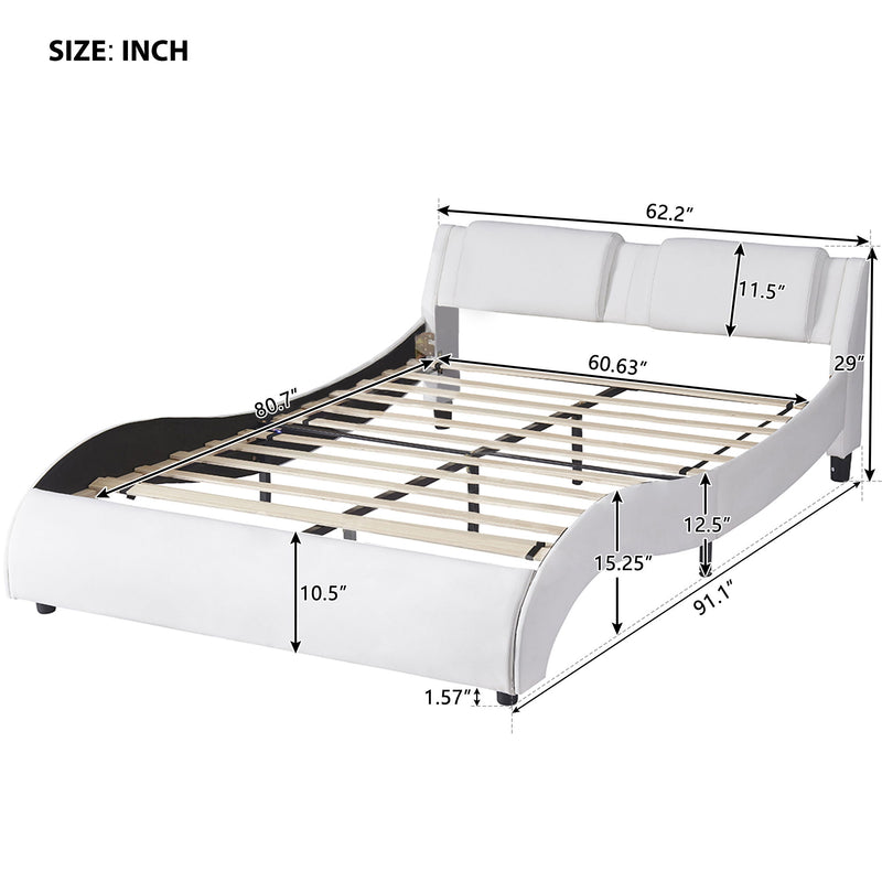 Queen Size Upholstered Faux Leather Platform Bed With LED Light Bed Frame With Slatted - White