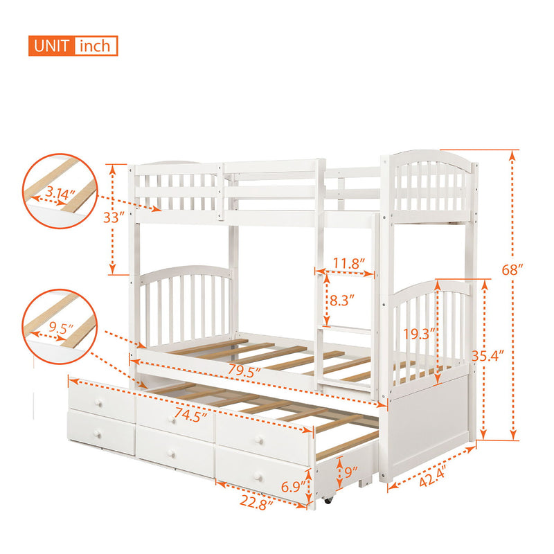Twin Bunk Bed With Ladder, Safety Rail, Twin Trundle Bed With 3 Drawers For Teens Bedroom, Guest Room Furniture (White)