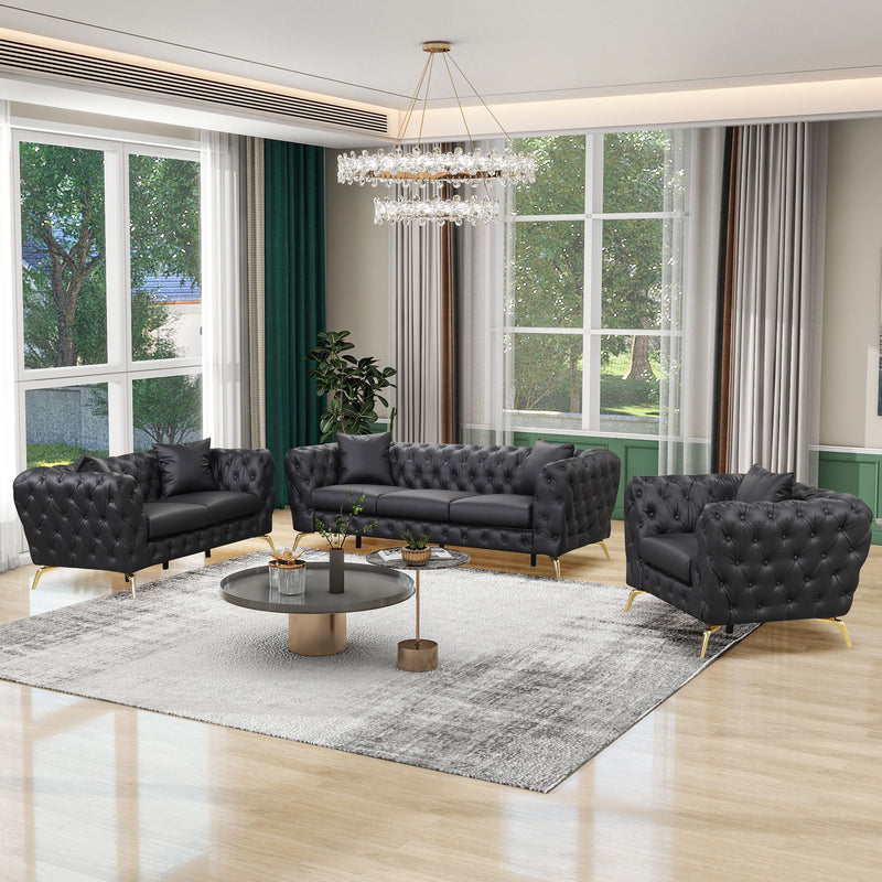 Modern 3 Piece Sofa Sets With Sturdy Metal Legs, Button Tufted Back, PU Upholstered Couches Sets Including Three Seat Sofa, Loveseat And Single Chair For Living Room Furniture Set, Black