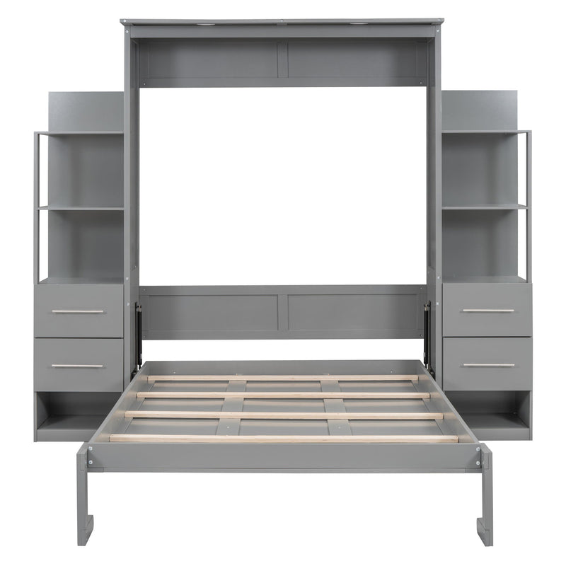 Full Size Murphy Bed Wall Bed With Shelves, Drawers And Led Lights, Gray