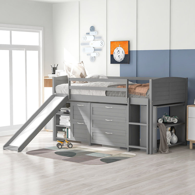 Low Twin Size Loft Bed With Cabinets, Shelves And Slide Gray