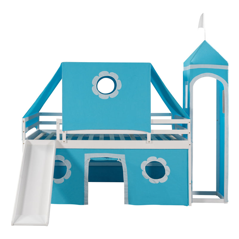 Full Size Bunk Bed With Slide Blue Tent And Tower - Blue