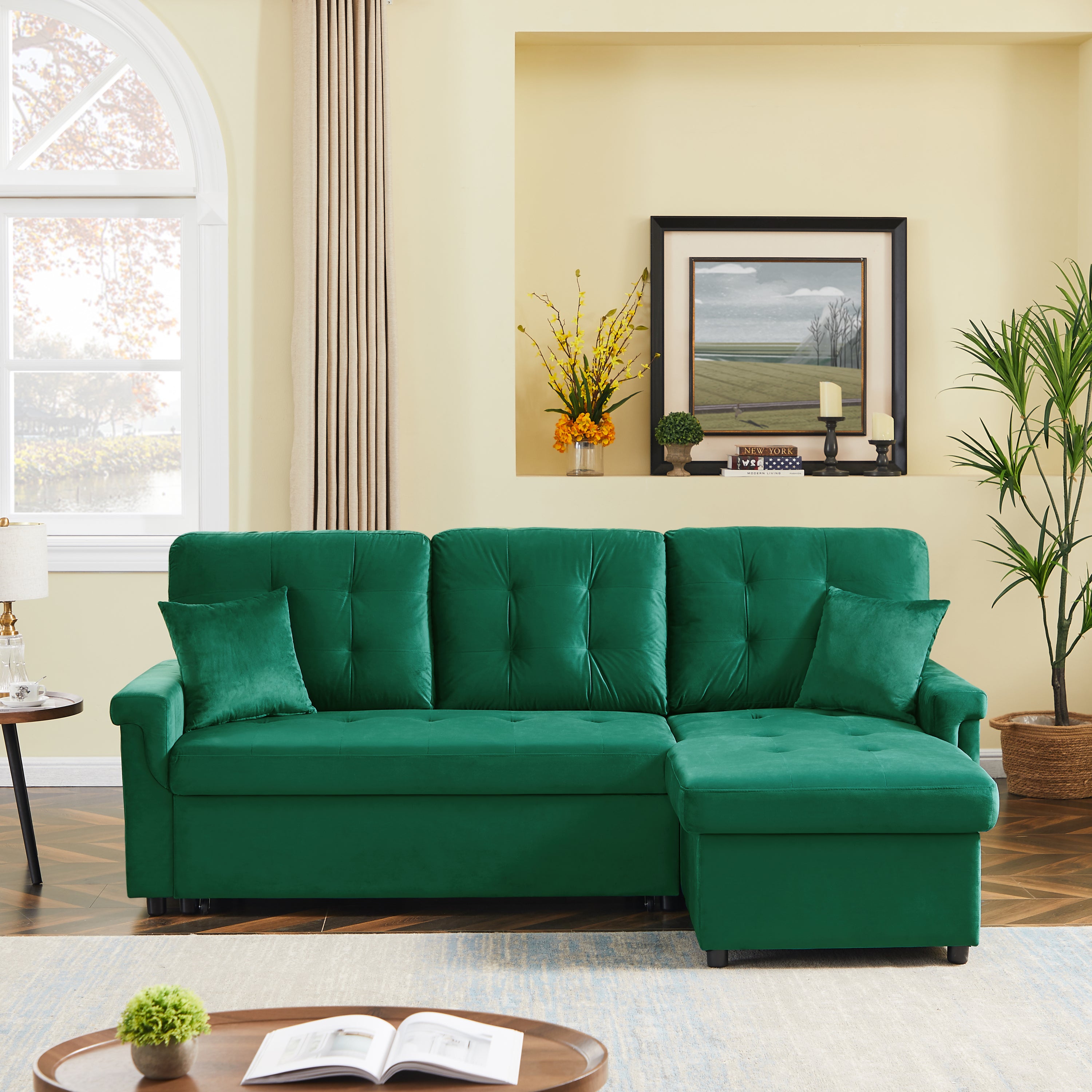 Velvet Reversible Sectional Sofa with Pull Out sleeper, L-Shaped Couch Chaise with Storage For Living Room & Apartment - Atlantic Fine Furniture Inc