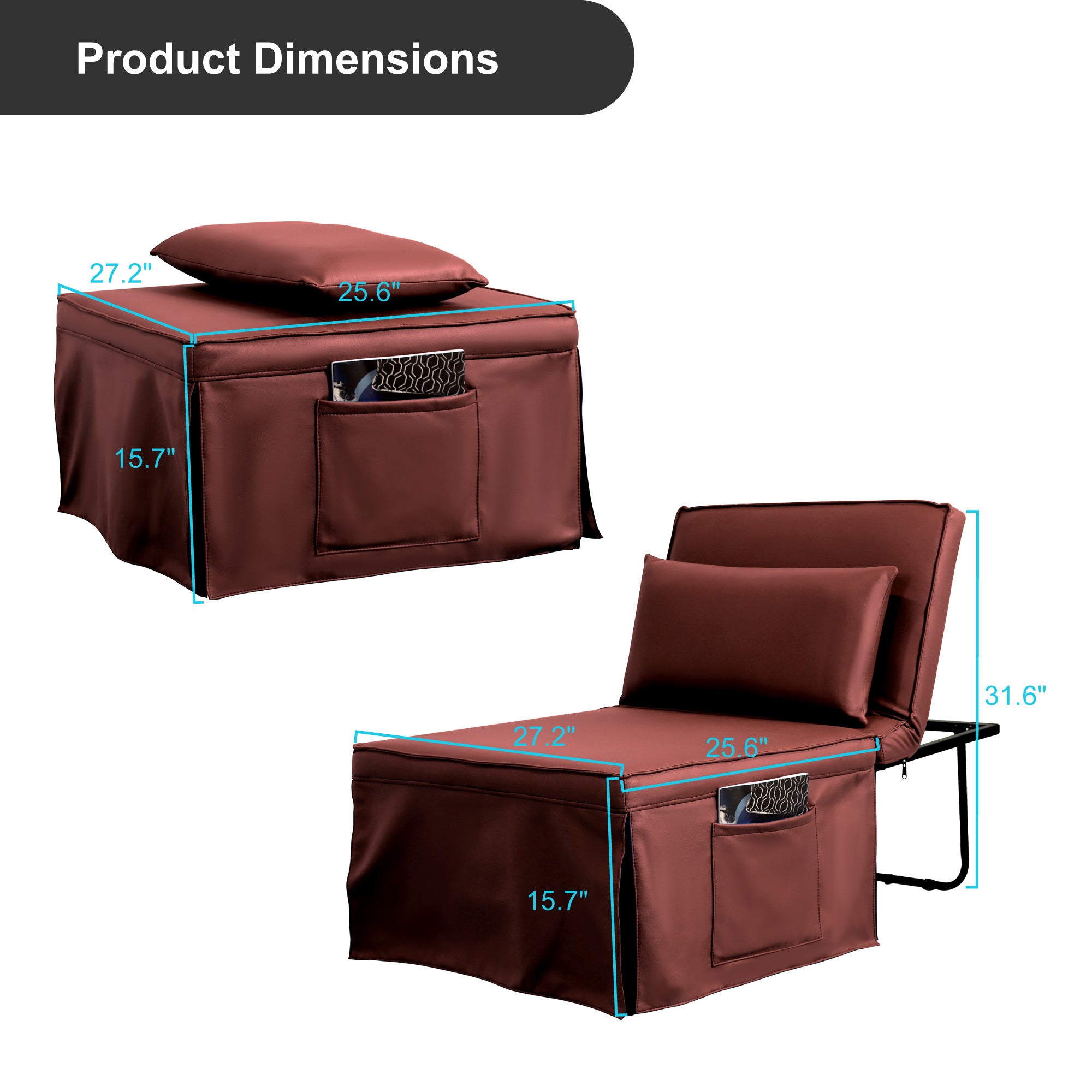 Sofa Bed 4 in 1 Ottoman Sleeper Bed Convertible Chair Bed with Adjustable Back Breathable Sleeper Guest Bed for Small Room, Orange Red - Atlantic Fine Furniture Inc