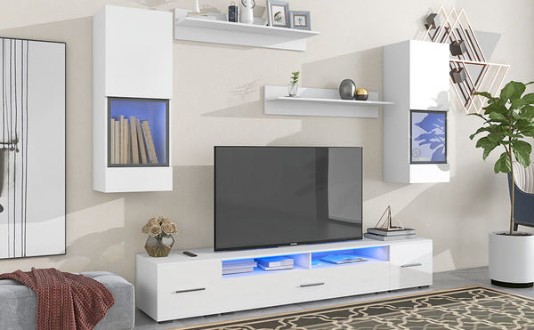 On-Trend Extended, Minimalist Style 7 Pieces Floating TV Stand Set, High Gloss Wall Mounted Entertainment Center With 16 - Color LED Light Strips For 90 /" TV, White
