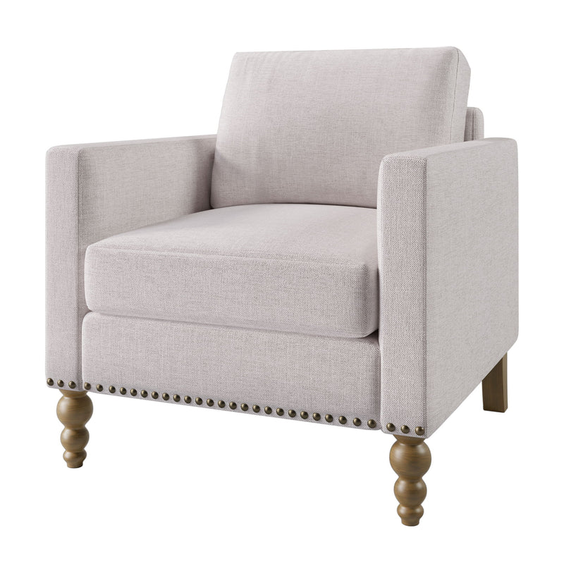 Classic Linen Armchair Accent Chair With Bronze Nailhead Trim Wooden Legs Single Sofa Couch For Living Room, Bedroom, Balcony, Beige