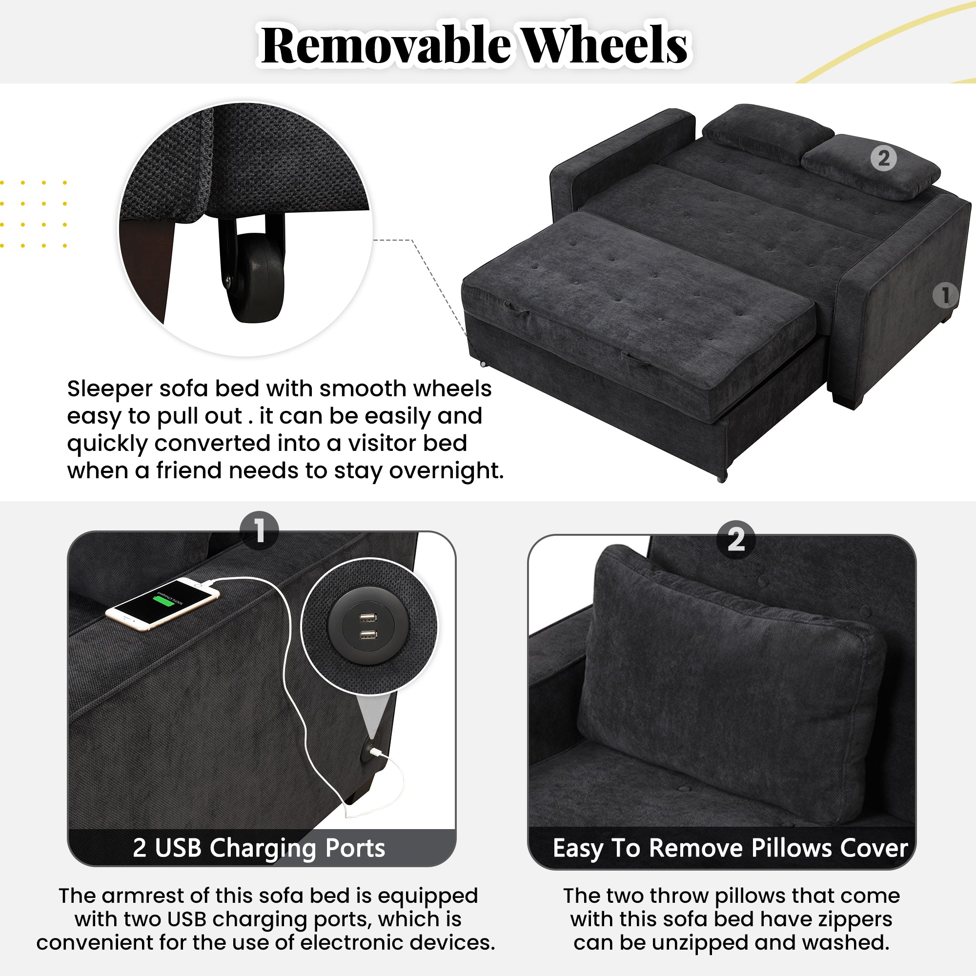 Linen Upholstered Sleeper Bed , Pull Out Sofa Bed Couch attached two throw pillows,Dual USB Charging Port and Adjustable Backrest for Living Room Space，Black - Atlantic Fine Furniture Inc