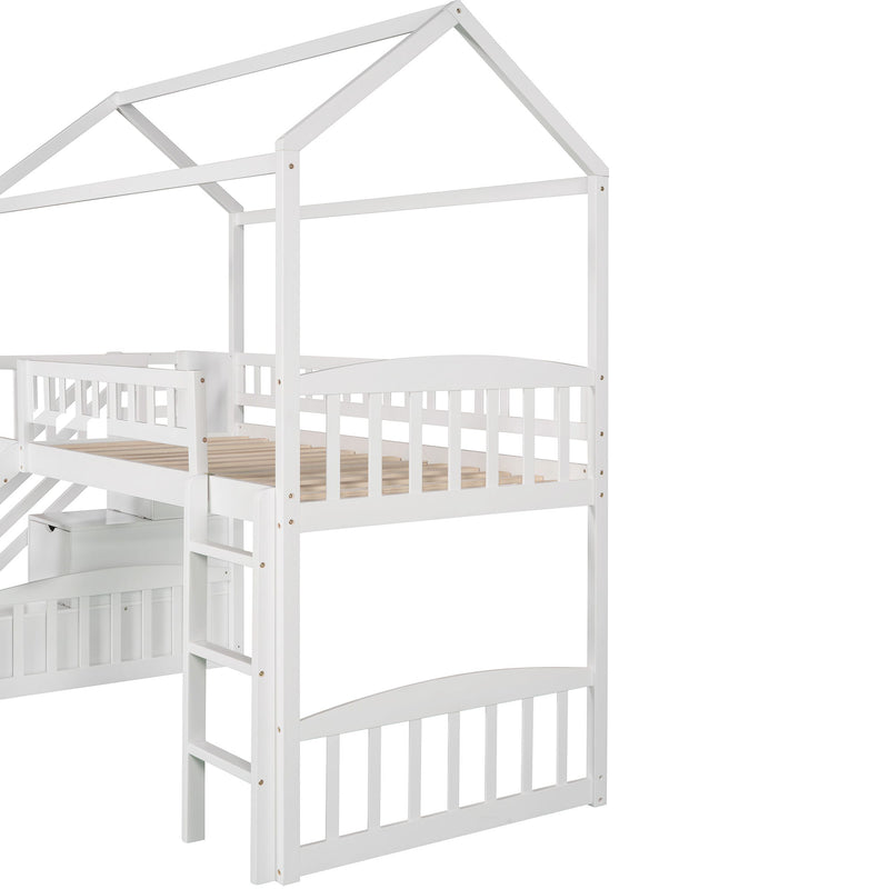 Twin Loft Bed With Two Drawers And Slide, House Bed With Slide, White